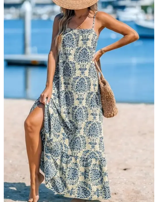 Omarı Desenli Fırfırlı Süprem Elbise