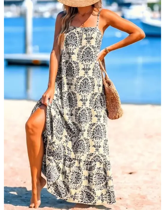 Omarı Fırfırlı Kadın Askılı Desenli Elbise