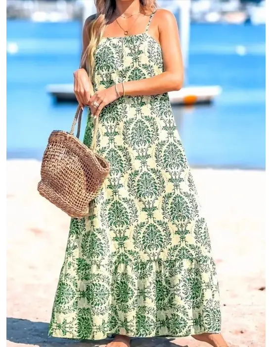 Kadın Ip Askılı Desenli Fırfırlı Süprem Elbise