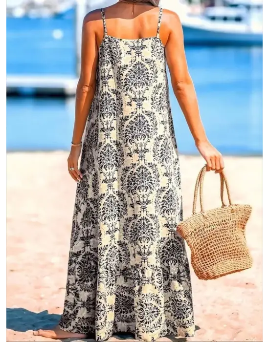 Omarı Fırfırlı Kadın Askılı Desenli Elbise