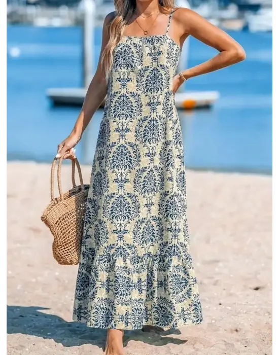 Kadın Ip Askılı Desenli Fırfırlı Süprem Elbise