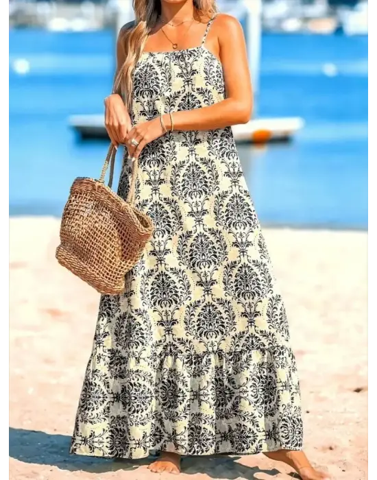 Omarı Fırfırlı Kadın Askılı Desenli Elbise