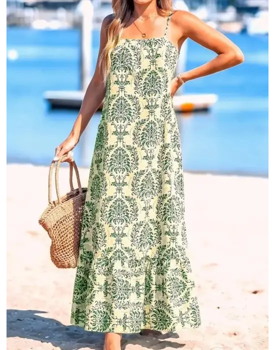 Omarı Desenli Fırfırlı Süprem Elbise