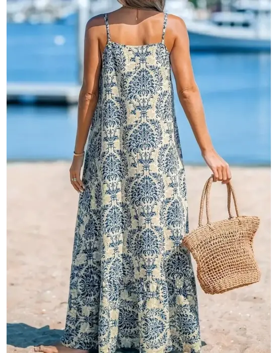 Omarı Desenli Fırfırlı Süprem Elbise