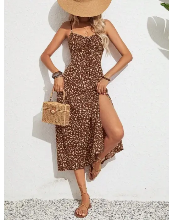 Kadın Ip Askılı Geniş V Yaka Bağcıklı Yandan Yırtmaçlı çiçek Desenli Midi Süprem Elbise