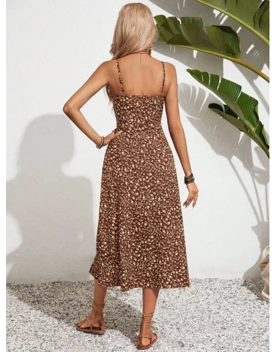 Kadın Ip Askılı Geniş V Yaka Bağcıklı Yandan Yırtmaçlı çiçek Desenli Midi Süprem Elbise
