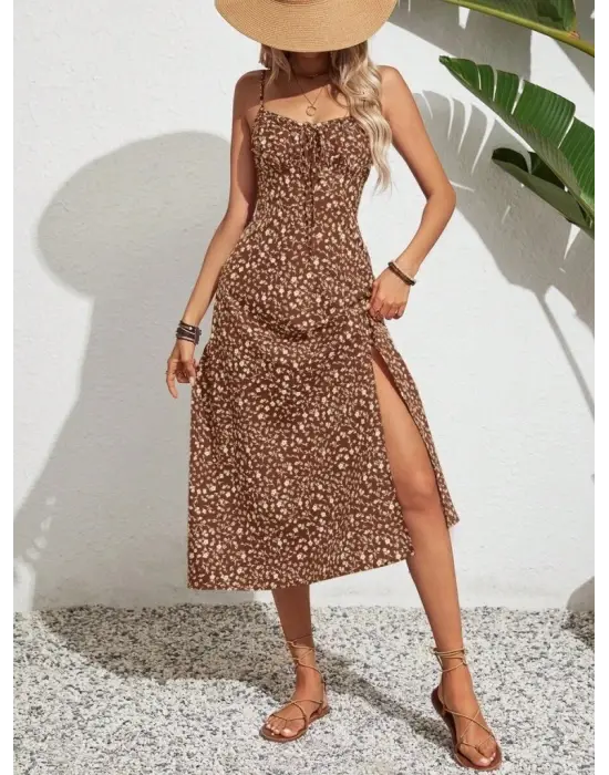 Kadın Ip Askılı Geniş V Yaka Bağcıklı Yandan Yırtmaçlı çiçek Desenli Midi Süprem Elbise