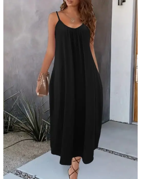 Omarı V Yakalı Geniş Askılı Elbise