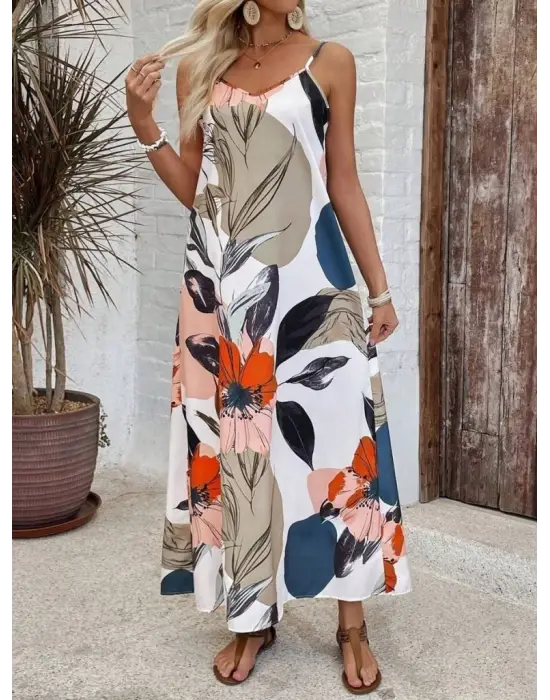 Kadın Ip Askılı Geniş V Yakalı Desenli Süprem Elbise