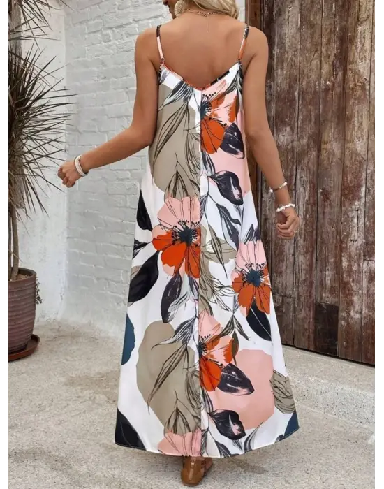 Kadın Ip Askılı Geniş V Yakalı Desenli Süprem Elbise