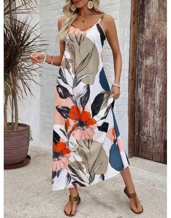 Kadın Ip Askılı Geniş V Yakalı Desenli Süprem Elbise