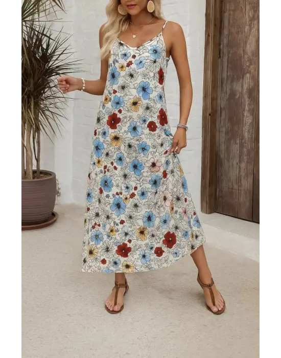 Omarı Desenli Geniş V Yakalı Supreme Elbise