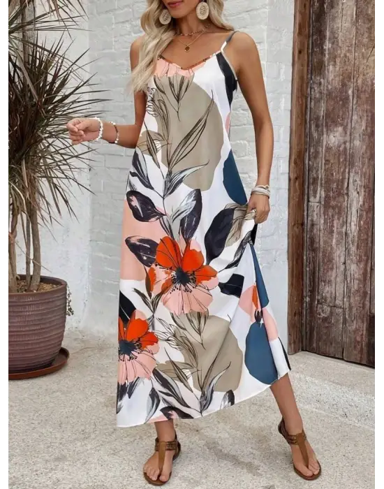 Kadın Ip Askılı Geniş V Yakalı Desenli Süprem Elbise