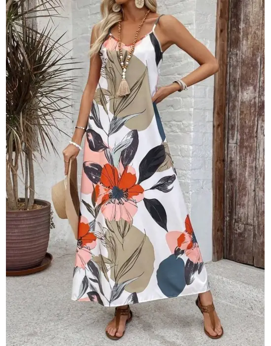 Kadın Ip Askılı Geniş V Yakalı Desenli Süprem Elbise