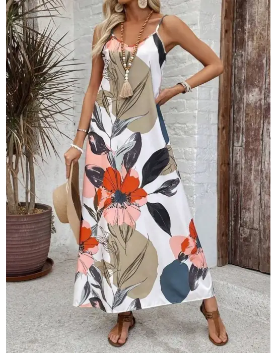 Kadın Ip Askılı Geniş V Yakalı Desenli Süprem Elbise