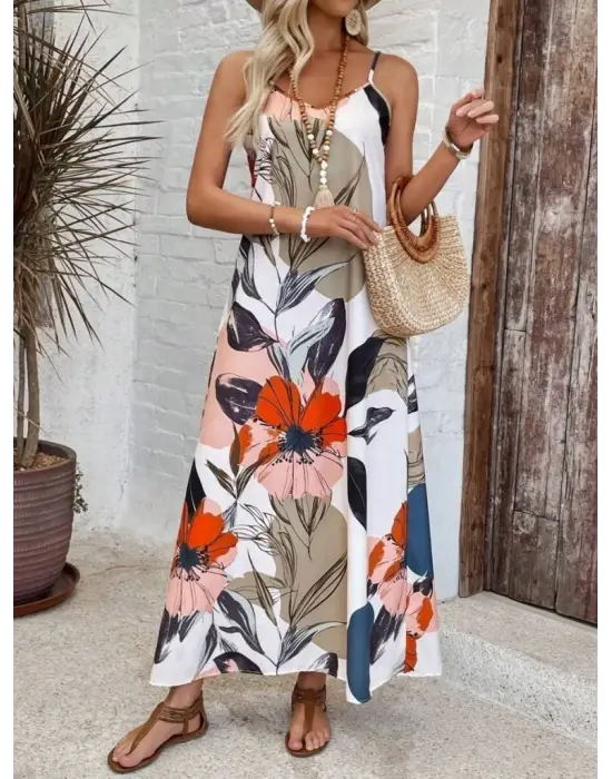 Kadın Ip Askılı Geniş V Yakalı Desenli Süprem Elbise