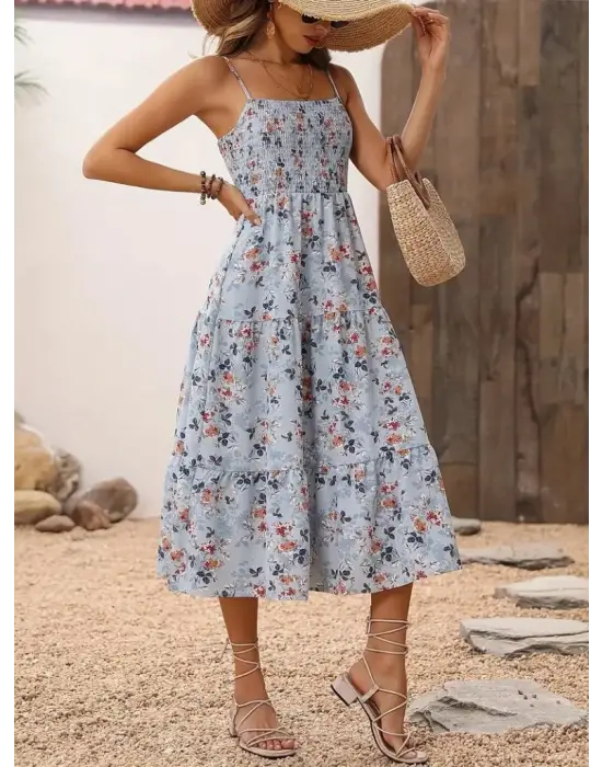 Kadın Ip Askılı Geniş V Yakalı Desenli Uzun Süprem Elbise