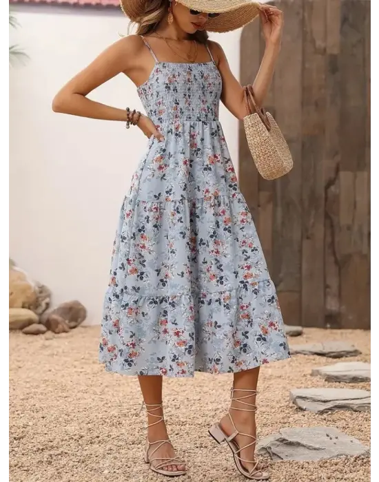 Omarı Desenli Geniş V Yakalı Uzun Elbise