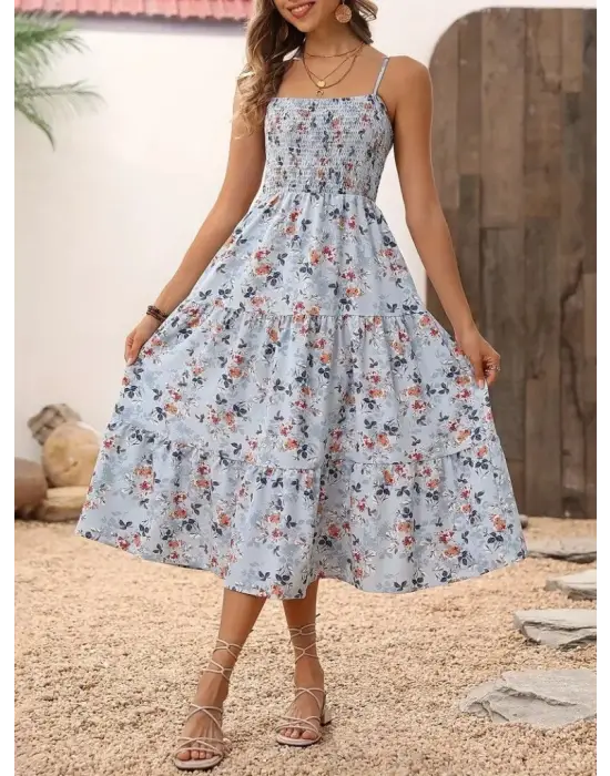 Kadın Ip Askılı Geniş V Yakalı Desenli Uzun Süprem Elbise