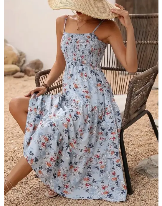 Omarı Desenli Geniş V Yakalı Uzun Elbise