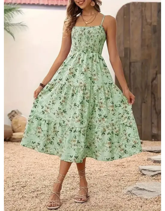 Kadın Ip Askılı Geniş V Yakalı Desenli Uzun Süprem Elbise