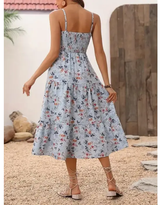 Omarı Desenli Geniş V Yakalı Uzun Elbise