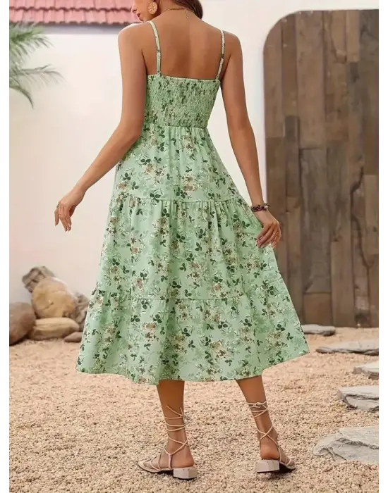 Kadın Ip Askılı Geniş V Yakalı Desenli Uzun Süprem Elbise