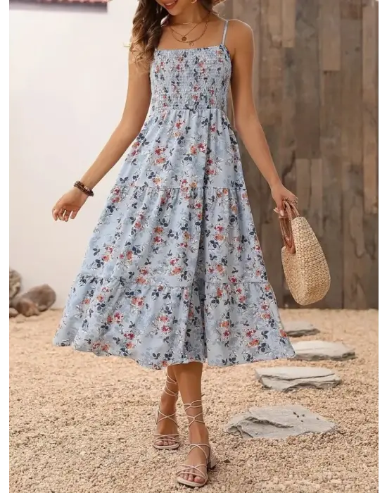 Kadın Ip Askılı Geniş V Yakalı Desenli Uzun Süprem Elbise