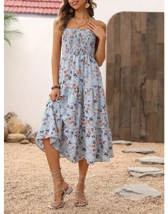 Kadın Ip Askılı Geniş V Yakalı Desenli Uzun Süprem Elbise