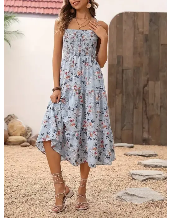 Omarı Desenli Geniş V Yakalı Uzun Elbise