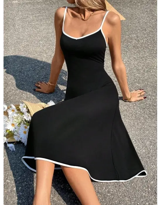 Kadın Ip Askılı Geniş V Yakalı Midi Janjan Krep Elbise