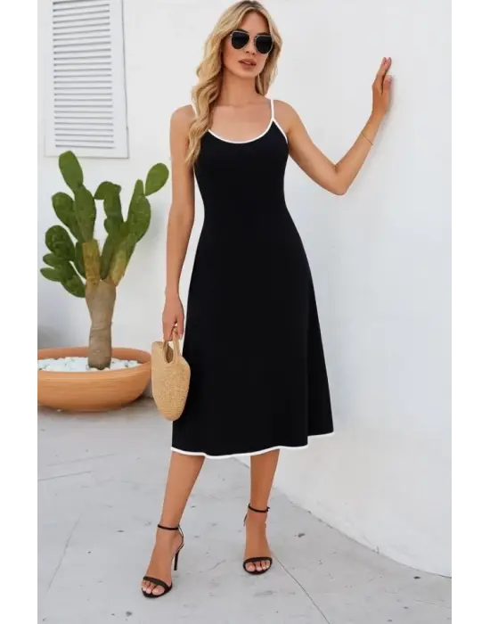 Kadın Ip Askılı Geniş V Yakalı Midi Janjan Krep Elbise