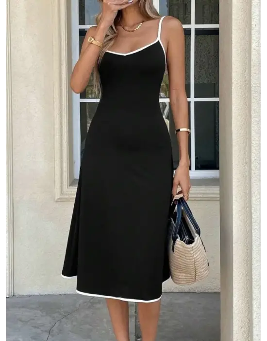 Kadın Ip Askılı Geniş V Yakalı Midi Janjan Krep Elbise