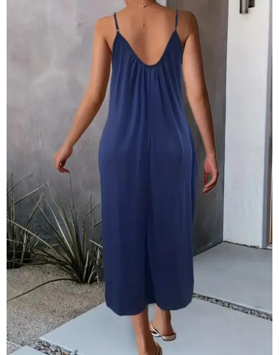 Kadın Ip Askılı Geniş V Yakalı Viskon Elbise