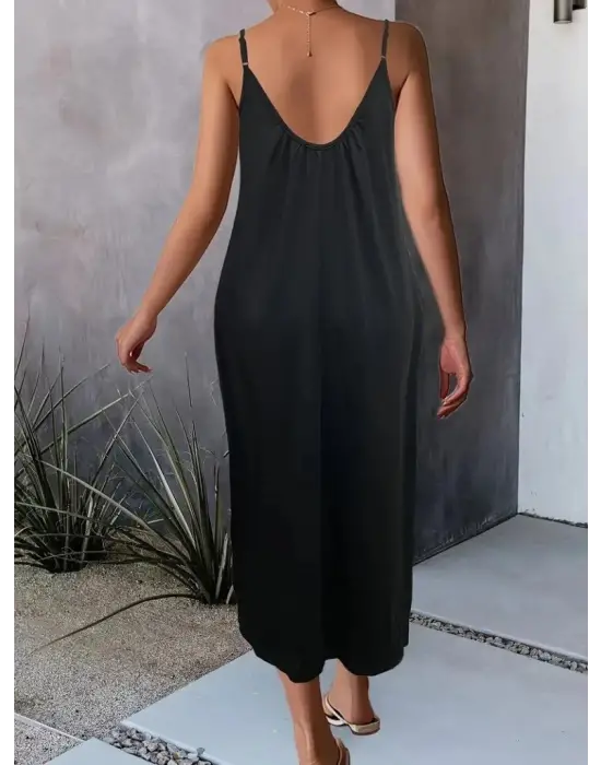 Kadın Ip Askılı Geniş V Yakalı Viskon Elbise