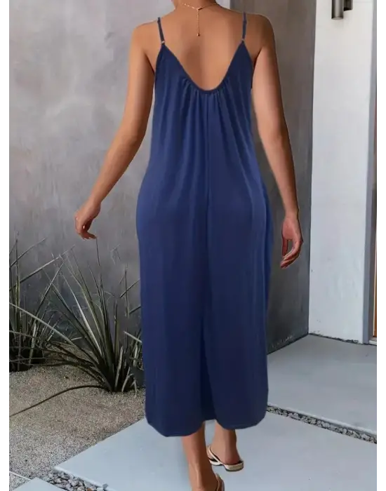 Kadın Ip Askılı Geniş V Yakalı Viskon Elbise