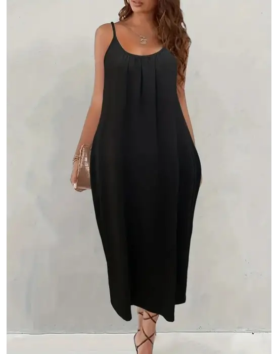 Kadın Ip Askılı Geniş V Yakalı Viskon Elbise