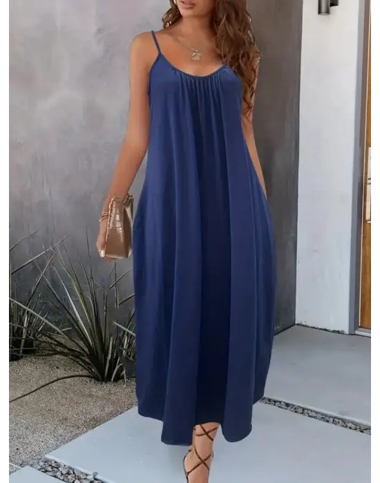 Kadın Ip Askılı Geniş V Yakalı Viskon Elbise