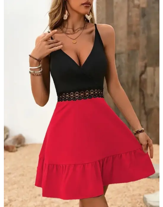 Kadın Ip Askılı Kruvaze Yaka Bel Dantel Ithal Krep Elbise