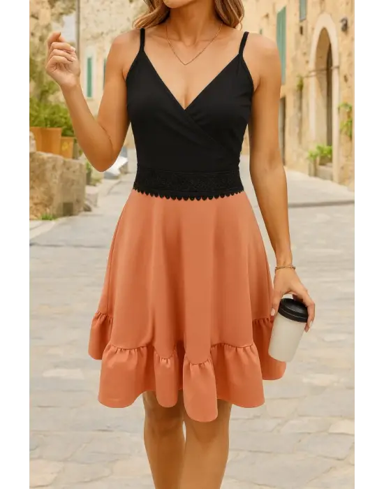 Kadın Ip Askılı Kruvaze Yaka Bel Dantel Ithal Krep Elbise