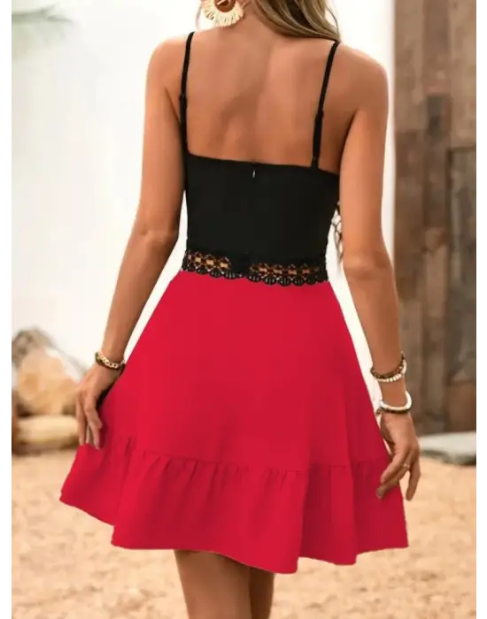 Kadın Ip Askılı Kruvaze Yaka Bel Dantel Ithal Krep Elbise