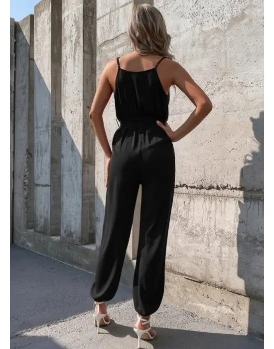 Kadın Ip Askılı Kruvaze Yakalı Belden Kuşaklı Uzun Sandy Tulum