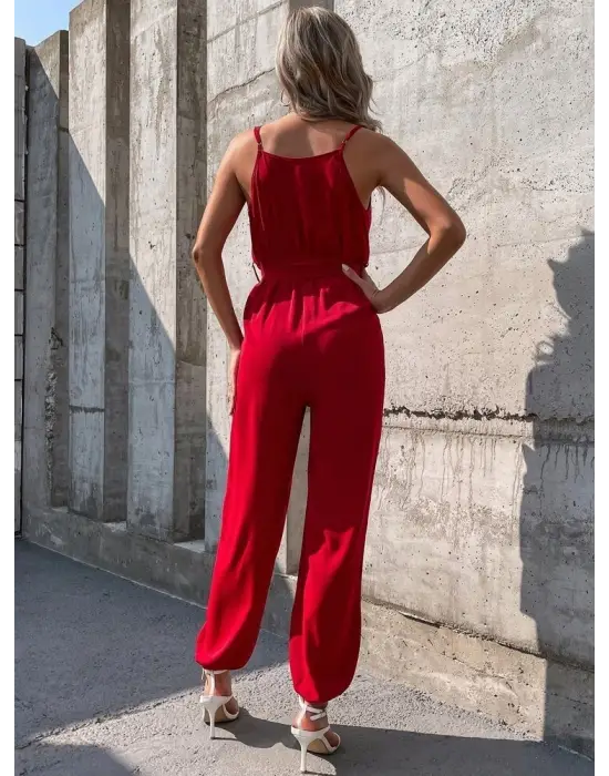 Kadın Ip Askılı Kruvaze Yakalı Belden Kuşaklı Uzun Sandy Tulum