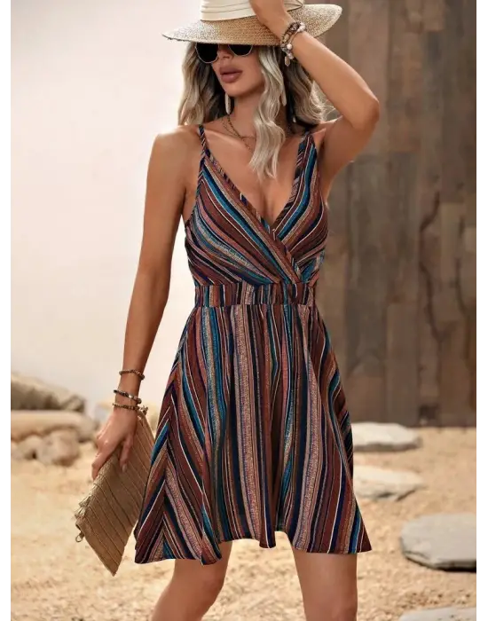 Kadın Ip Askılı Kruvaze Yakalı Beli Lastikli Desenli Süprem Elbise