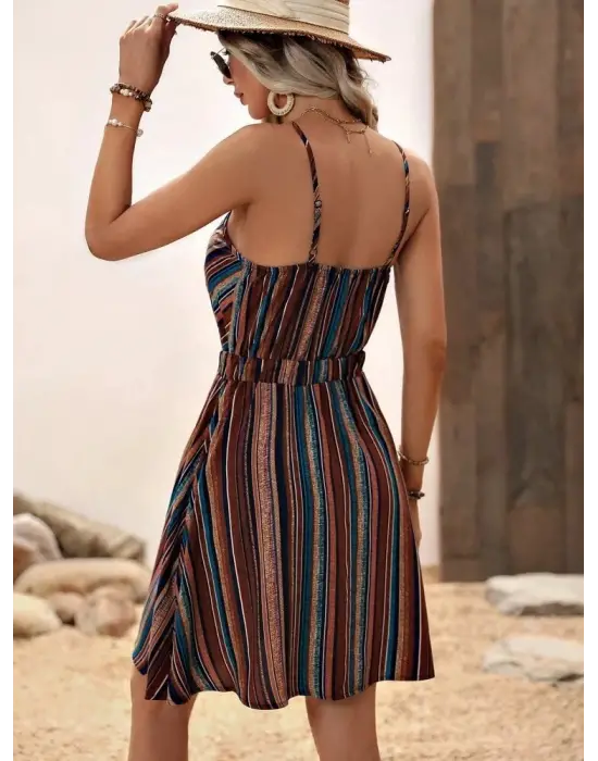 Kadın Ip Askılı Kruvaze Yakalı Beli Lastikli Desenli Süprem Elbise