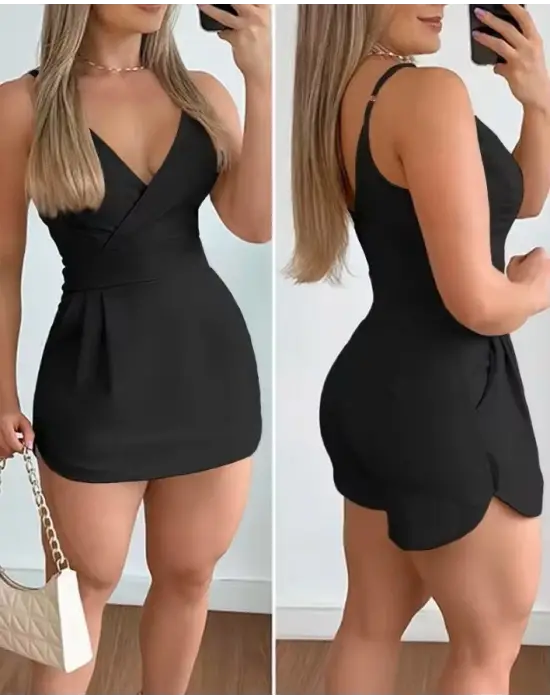 Kadın Ip Askılı Kruvaze Yakalı Cep Detaylı Ithal Krep Short Etek