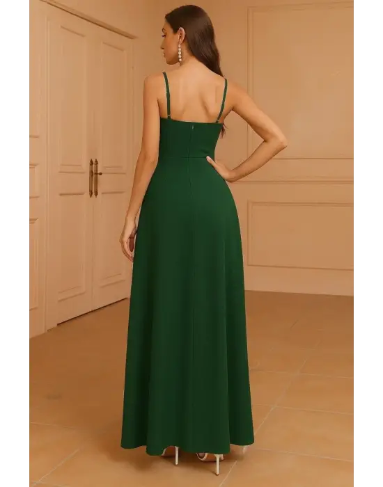 Kadın Ip Askılı Kruvaze Yakalı Derin Dekolteli Yırtmaçlı Ithal Krep Elbise