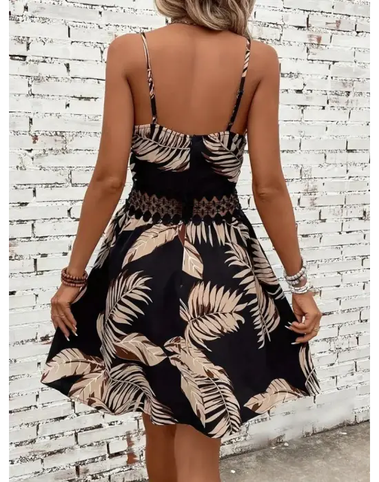 Kadın Ip Askılı Kruvaze Yakalı Desenli Mini Süprem Mini Elbise