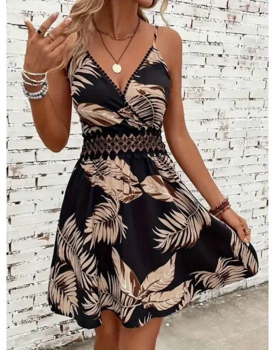 Kadın Ip Askılı Kruvaze Yakalı Desenli Mini Süprem Mini Elbise