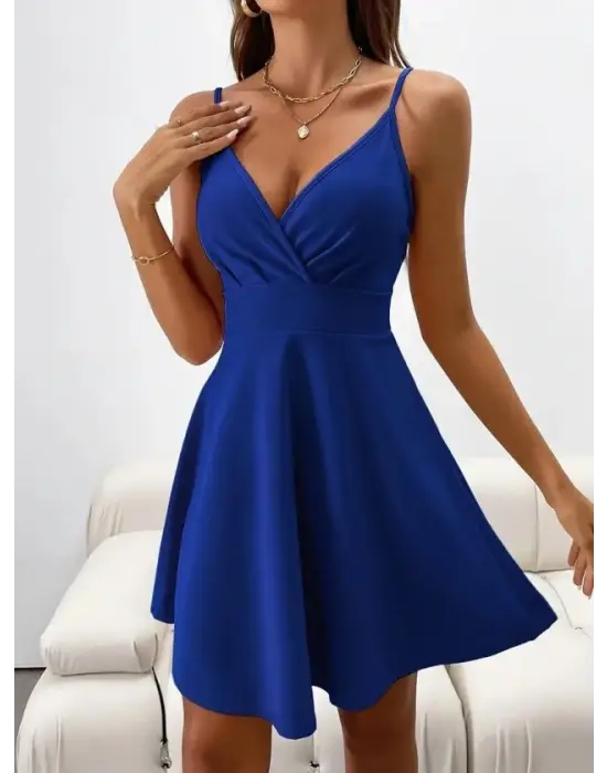 Kadın Ip Askılı Kruvaze Yakalı Kısa ıthal Krep Elbise